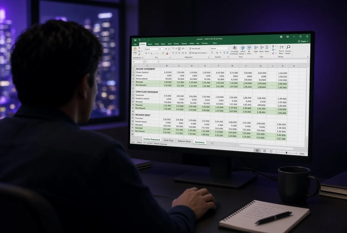 محلل مالي بيشتغل بالليل على نموذج مالي في Excel فيه قائمة الدخل والتدفقات النقدية والميزانية