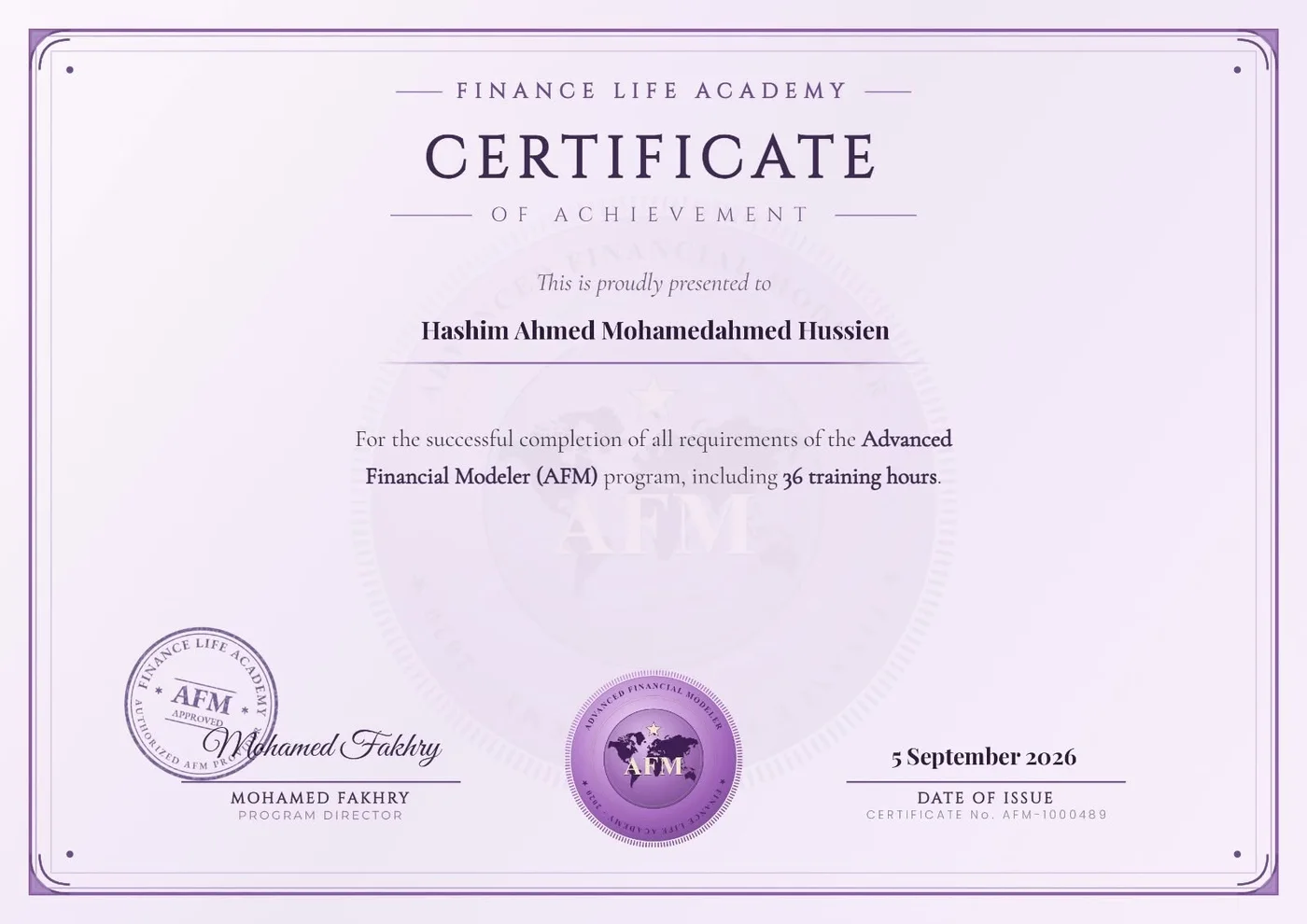 شهادة اجتياز برنامج AFM من Finance Life Academy