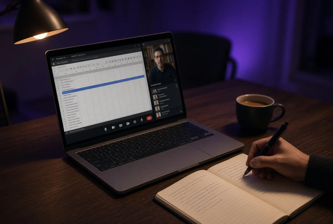 لابتوب عليه محاضرة مباشرة وشيت Excel، وإيد بتكتب ملاحظات في نوتة