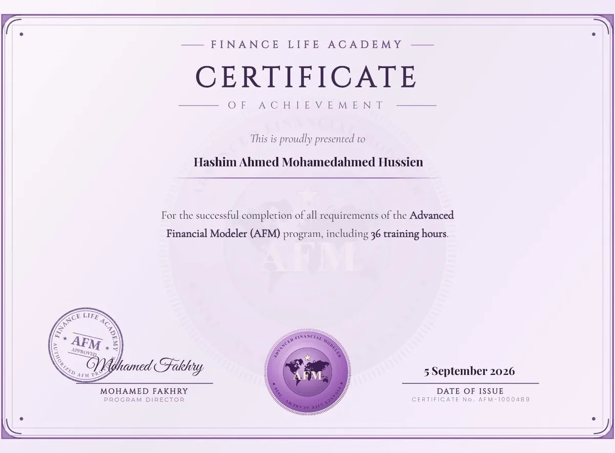 شهادة إتمام برنامج AFM من Finance Life Academy، 36 ساعة تدريب، بتوقيع محمد فخري