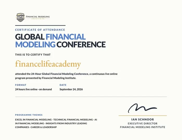 شهادة حضور Finance Life Academy لمؤتمر FMI العالمي للنمذجة المالية